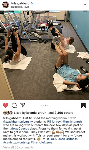Screenshot of an Instragram post showing students working out with Tulsi Gabbard
