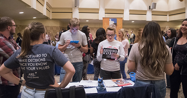 Washburn students have been active in voter registration drives for many years. Thanks to students like these seen at the 2018 Community Involvement Fair, the voting rate on campus was almost seven points higher than the national average in 2018. 