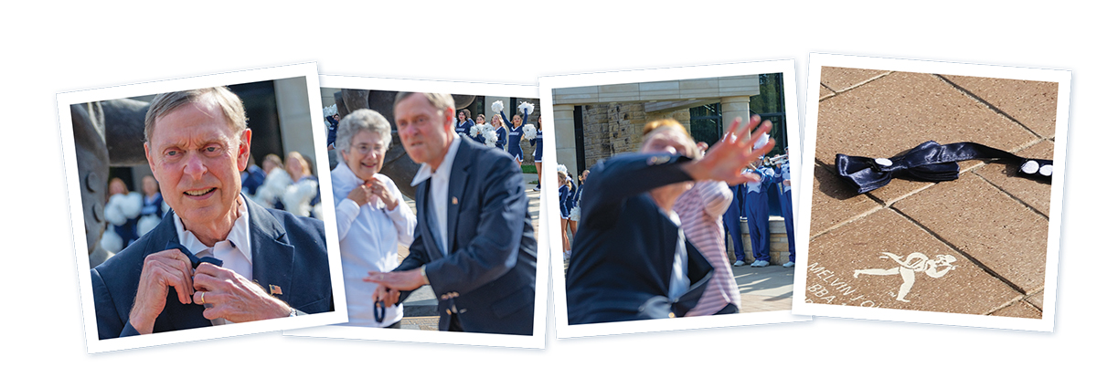 Series of photos showing Dr. Farley taking off his bow tie and throwing it