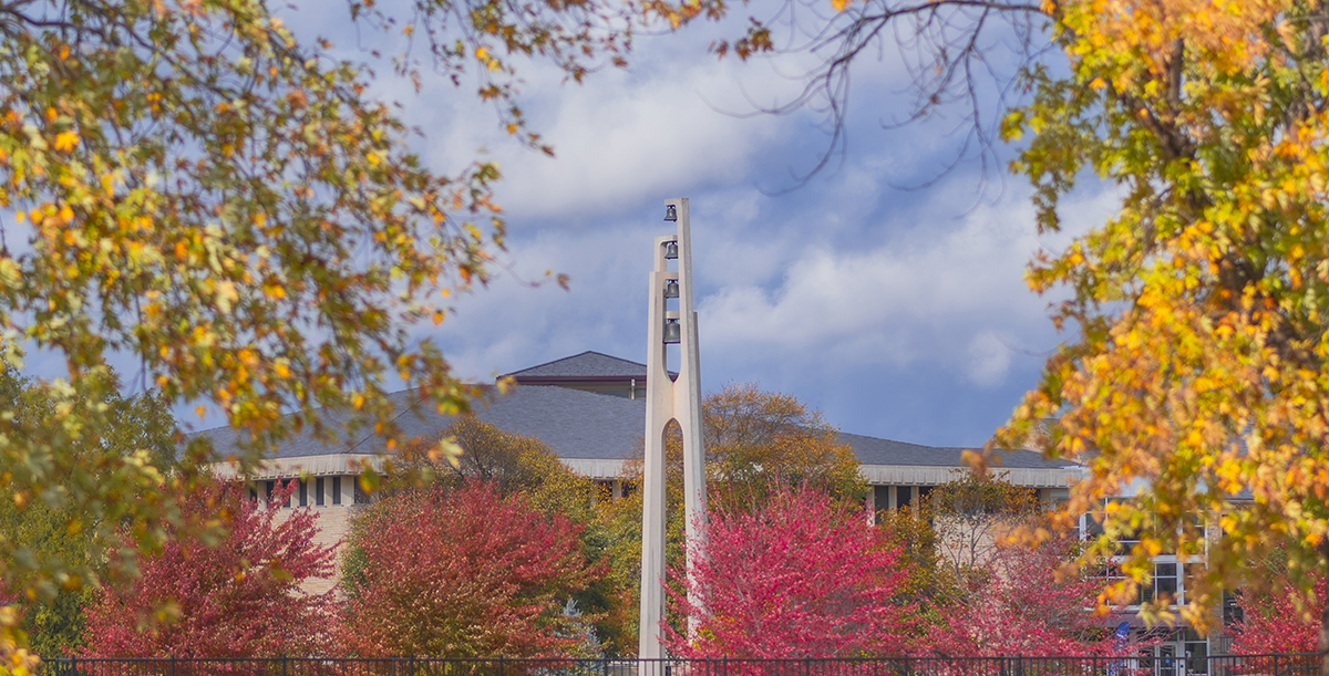 Campus landscape with Bell Tower and fall foliage