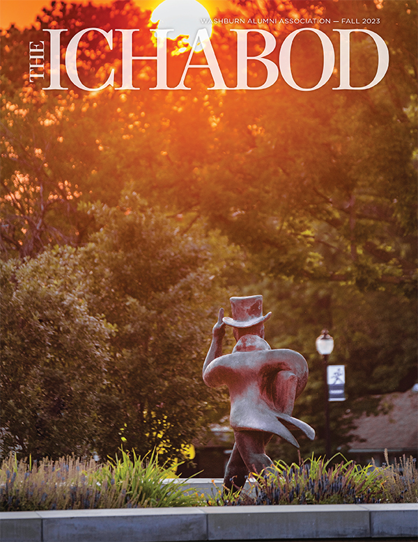 Cover of Fall 2023 Ichabod magazine - Ichabod statue looking toward the sunset over trees