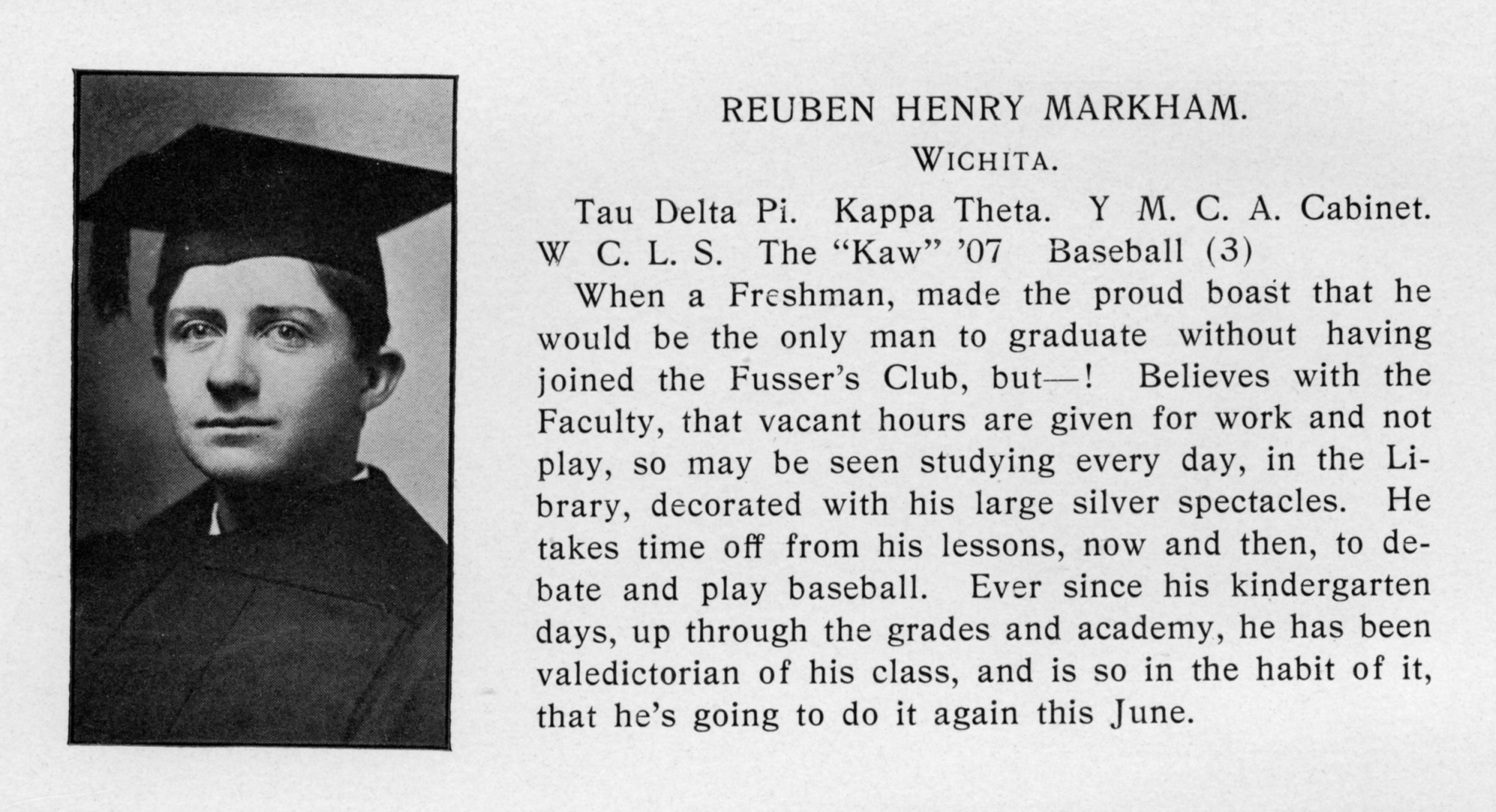 Reuben Markham entry from The Kaw yearbook