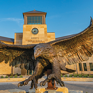 An eagle sculpture in front of the School of Law building