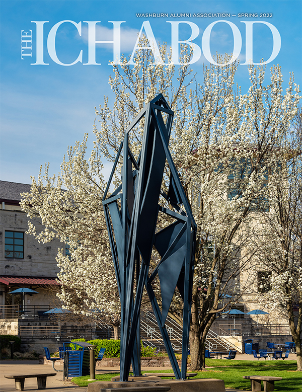 Spring 2022 The Ichabod cover. Sculpture on the lawn north of Memorial Union