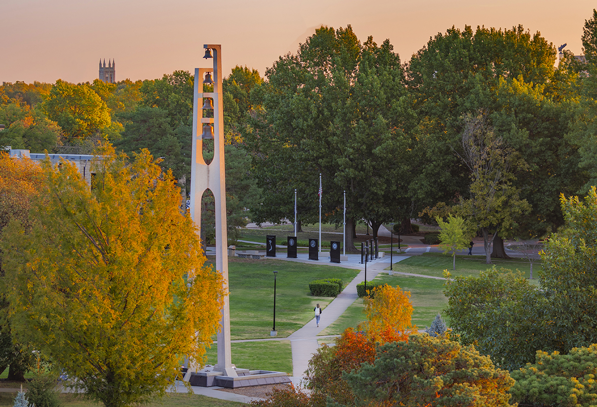 View of the Washburn campus showing the bell tower and new veterans memorial