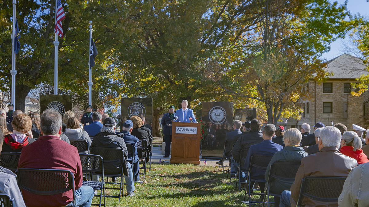 Sen. Roger Marshall speaks at the dedication of the new veterans memorial at Washburn on Nov. 10