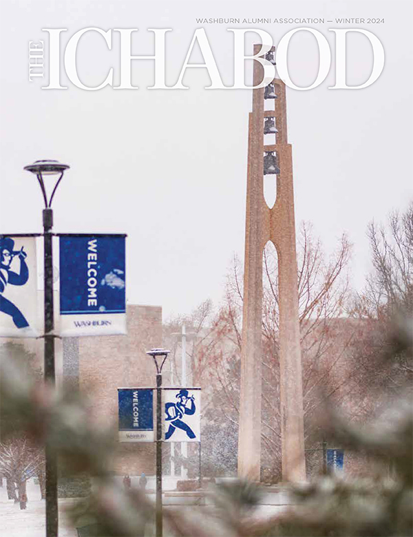 Winter 2024 The Ichabod magazine cover with picture of the bell tower and snow fallen on campus