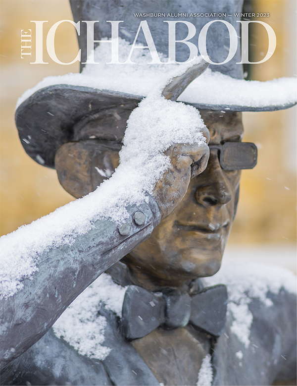 Winter 2023 alumni magazine cover - The Ichabod statue with a dusting of snow